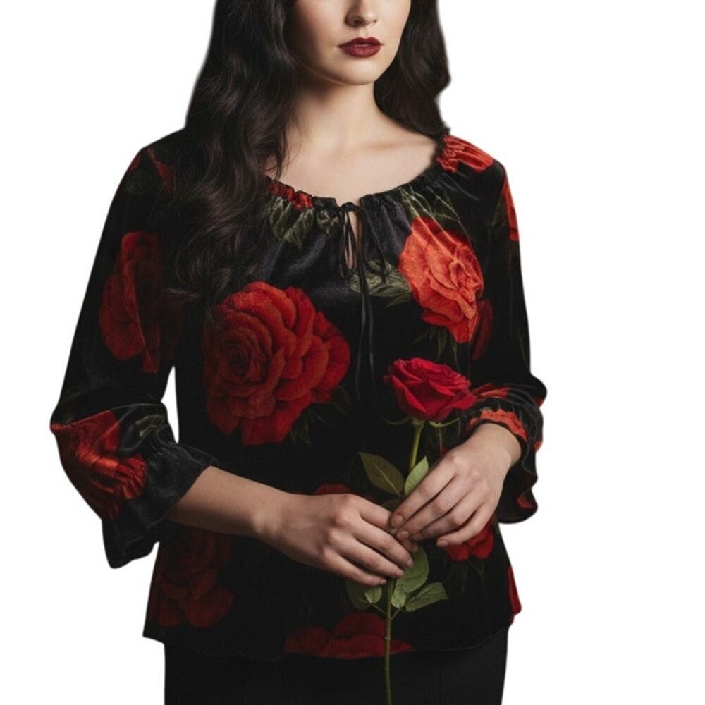 California Concepts Vintage Velvet Floral Top Womens Large Rose Whimsigoth FLAW